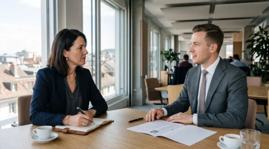 Une consultante en recrutement mène un entretien d'embauche avec une candidate dans un bureau suisse lumineux.